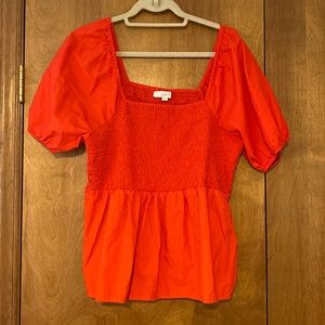 LOFT Red XL square neck puff sleeve smocked top